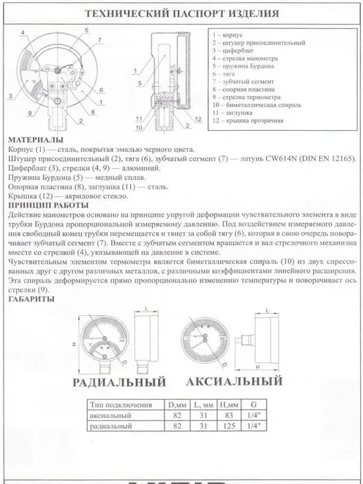 vieir Термоманометр аксиальный 1 2", 0-6 бар, 0-120 градусов, вариант, фото 8