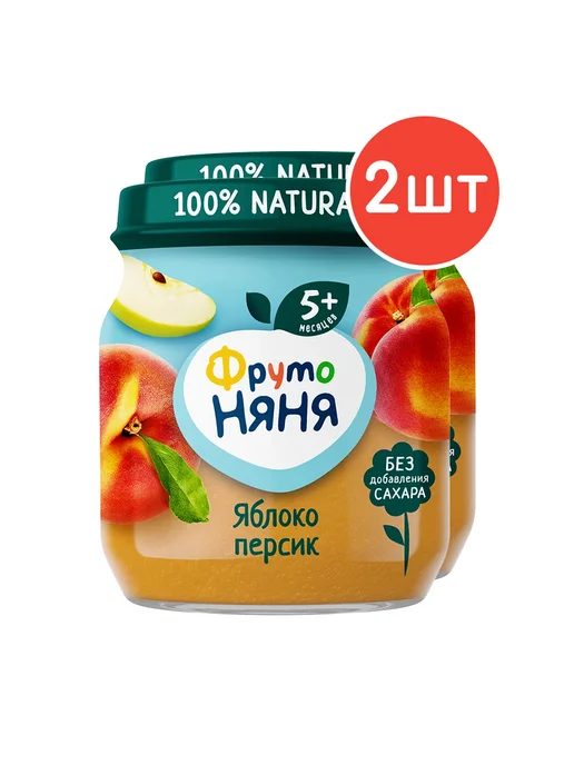 ФрутоНяня Пюре фруктовое Яблоко-персик с 5 месяцев, 100г, 100 г, 2 шт