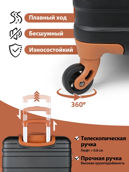 Набор чемодан M, с ручной сумкой и косметичкой, черный, в упаковке 4,5 кг, фото 4