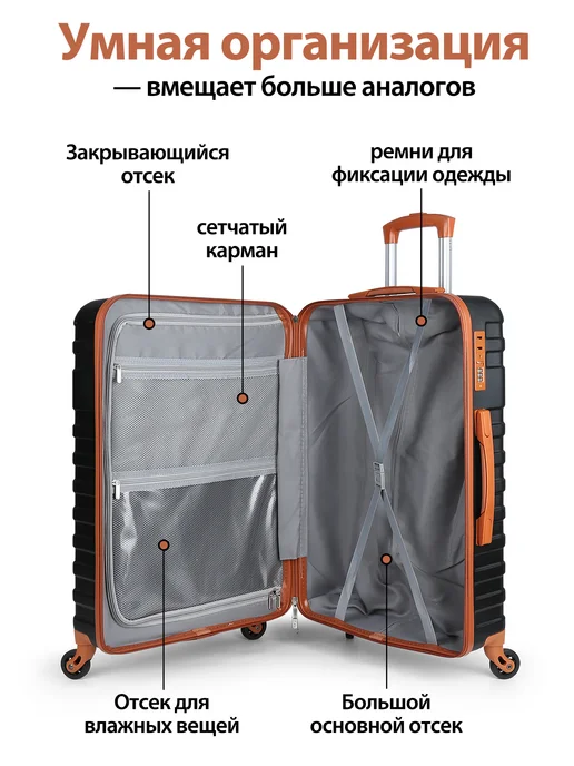Набор чемодан M, с ручной сумкой и косметичкой, черный, в упаковке 4,5 кг, фото 6
