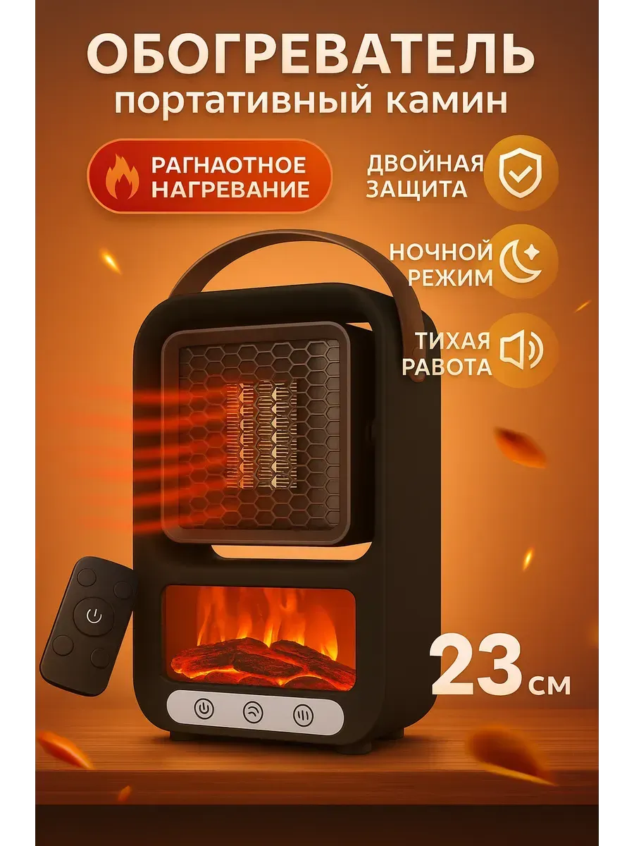 Обогреватель портативный камин электрический с пультом ДУ