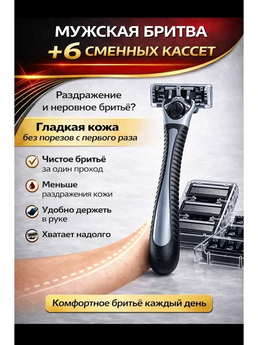 ИЛЕА Бритва мужская многоразовая гладкое бритьё 6 лезвий 6 кассет, черный, фото 2
