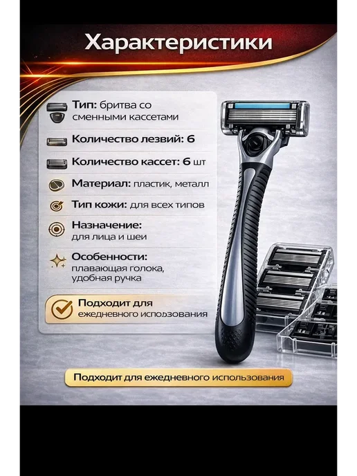 ИЛЕА Бритва мужская многоразовая гладкое бритьё 6 лезвий 6 кассет, черный, фото 4