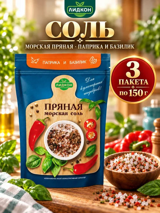 ЛИДКОН Соль морская пищевая пряная Паприка Базилик, 3 шт по 150 гр, 3 шт, 150 г