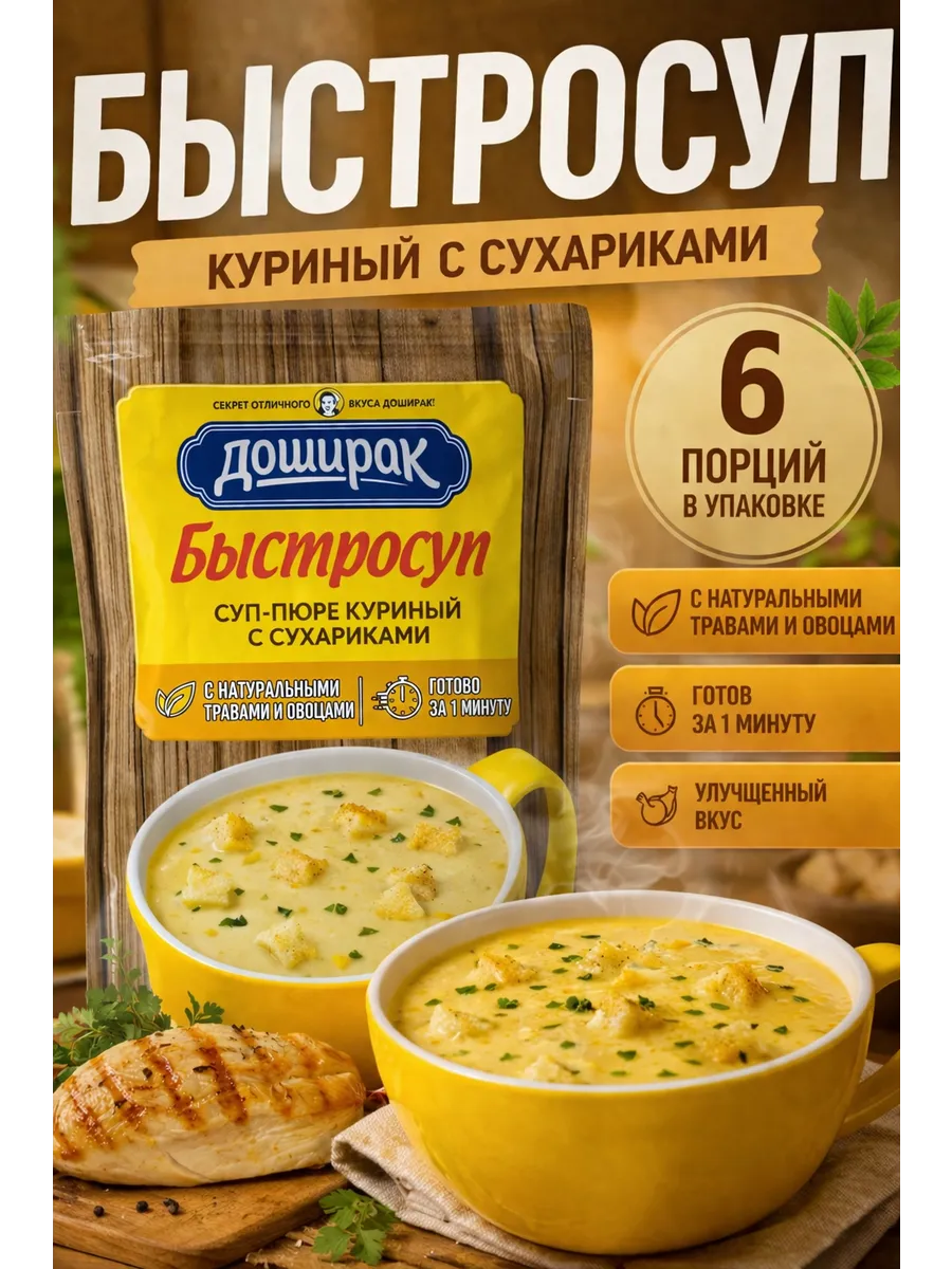 Суп-пюре Быстросуп куриный с сухариками, 6 шт