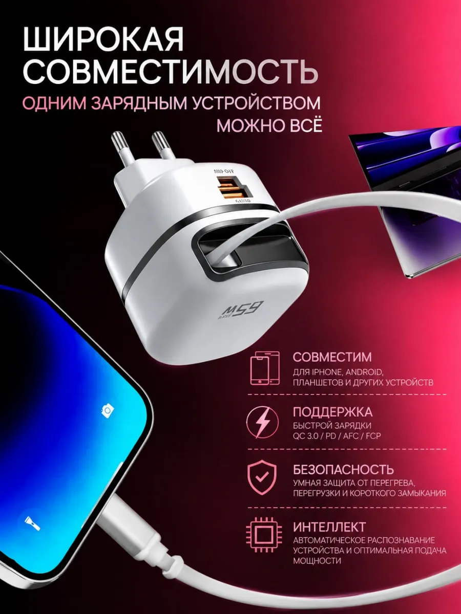 Зарядное устройство 65W быстрая PD QC, USB-C USB-A Type-C