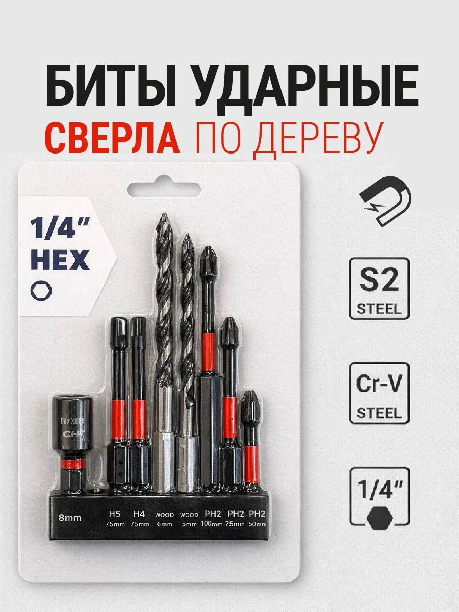 Биты ударные и сверла 1 4" S2 8 пр. HD-04611