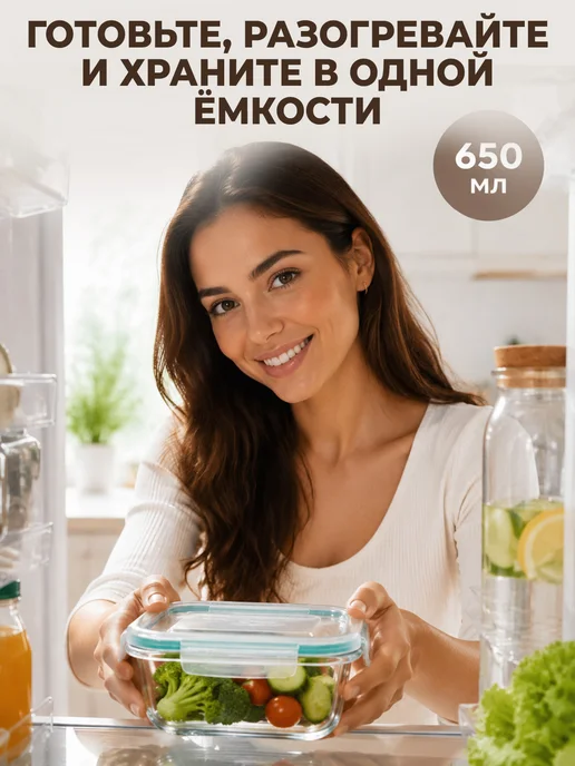 GT Контейнер стеклянный с крышкой для еды на защелках 650 мл, 650 мл, фото 2