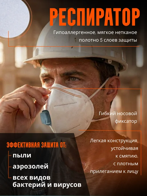 PHSV Респиратор Маска Защитная от пыли, химии, аллергии 1 шт FFP3, 1 шт, фото 4