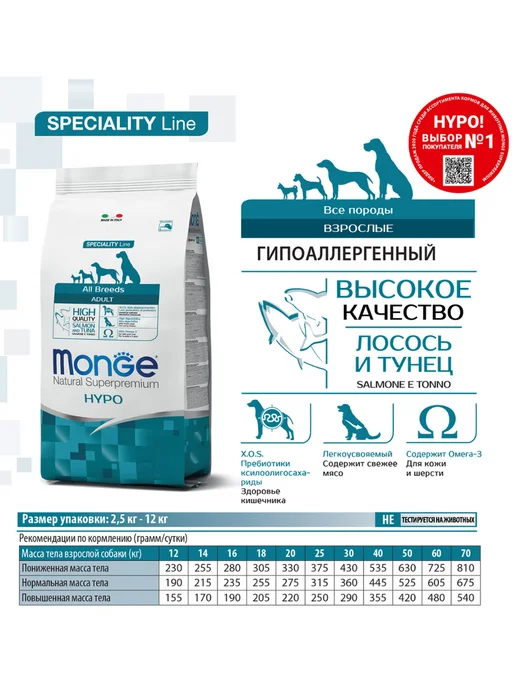 Сухой корм MONGE для собак, гипоаллергенный, лосось, тунец, 12 кг, фото 2