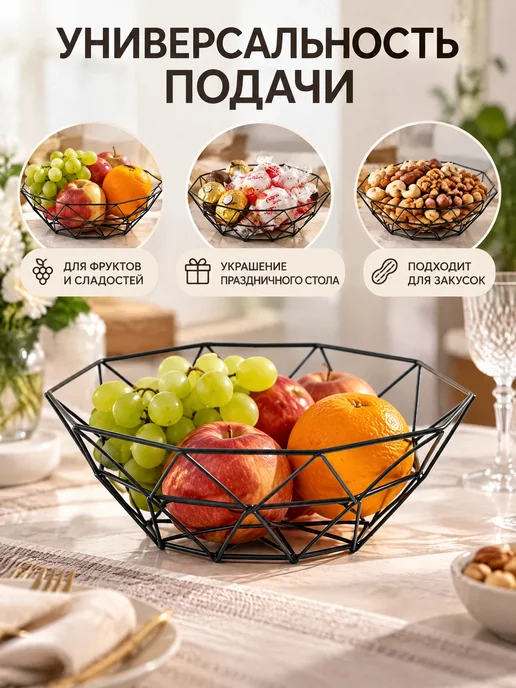 Фруктовница металлическая 26х8 см, Доляна "Геометрия",, черный, фото 3