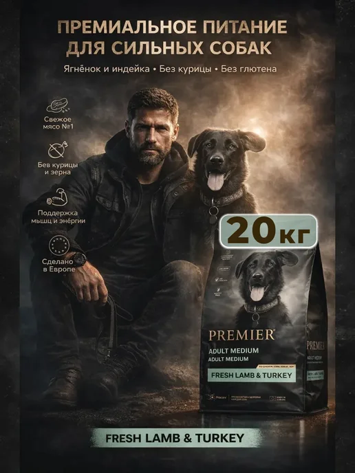 Сухой корм PREMIER для собак, индейка, ягненок, 20 кг