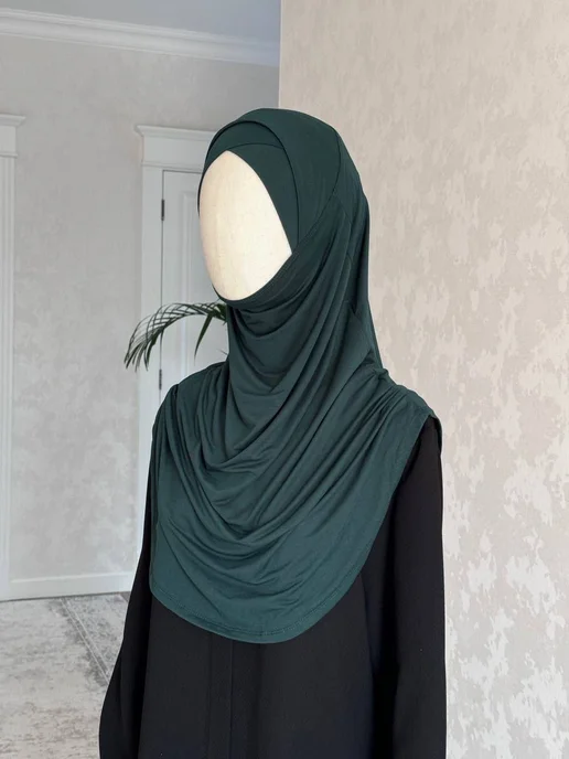 Muslima Style Готовый хиджаб двойка с бони в нахлест, зеленый