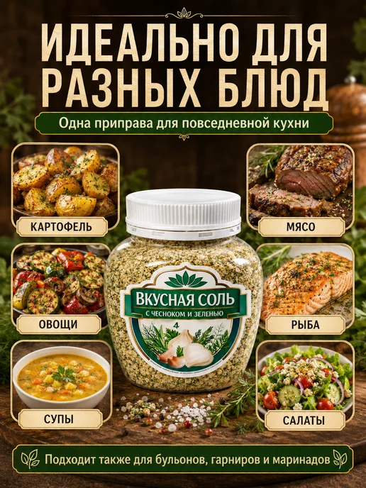 эм-1 Вкусная соль "С чесноком и зеленью", 1 шт. 400г, 1 шт, 400 г, фото 2