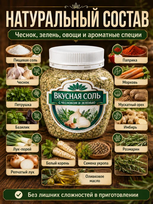эм-1 Вкусная соль "С чесноком и зеленью", 1 шт. 400г, 1 шт, 400 г, фото 3