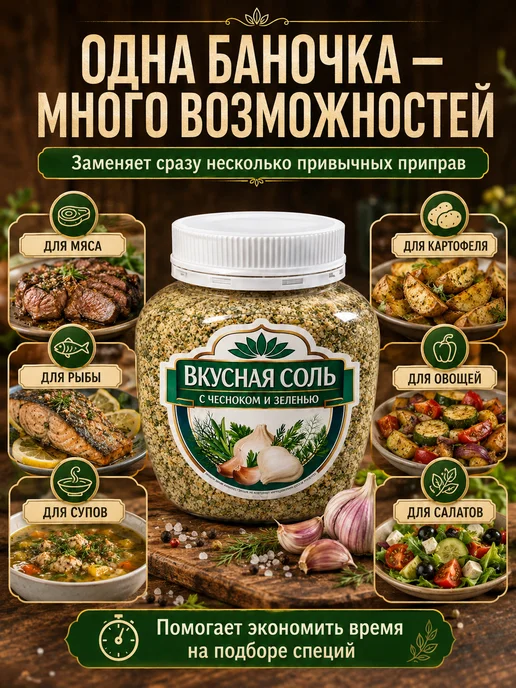 эм-1 Вкусная соль "С чесноком и зеленью", 1 шт. 400г, 1 шт, 400 г, фото 5