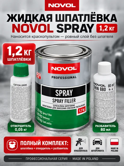 NOVOL Шпатлевка жидкая отделочная Spray Filler 1,2 кг+разбавитель, 1,2 кг, фото 2