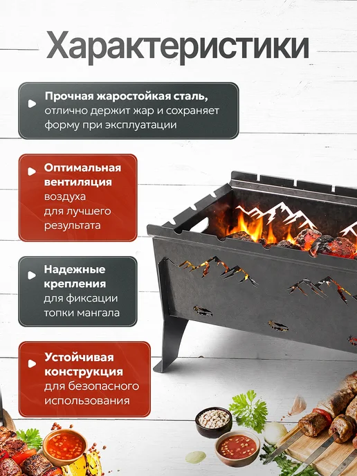 Мангал для шашлыка разборный ШефГрадус, 40х28х25, 40x28x25, фото 5