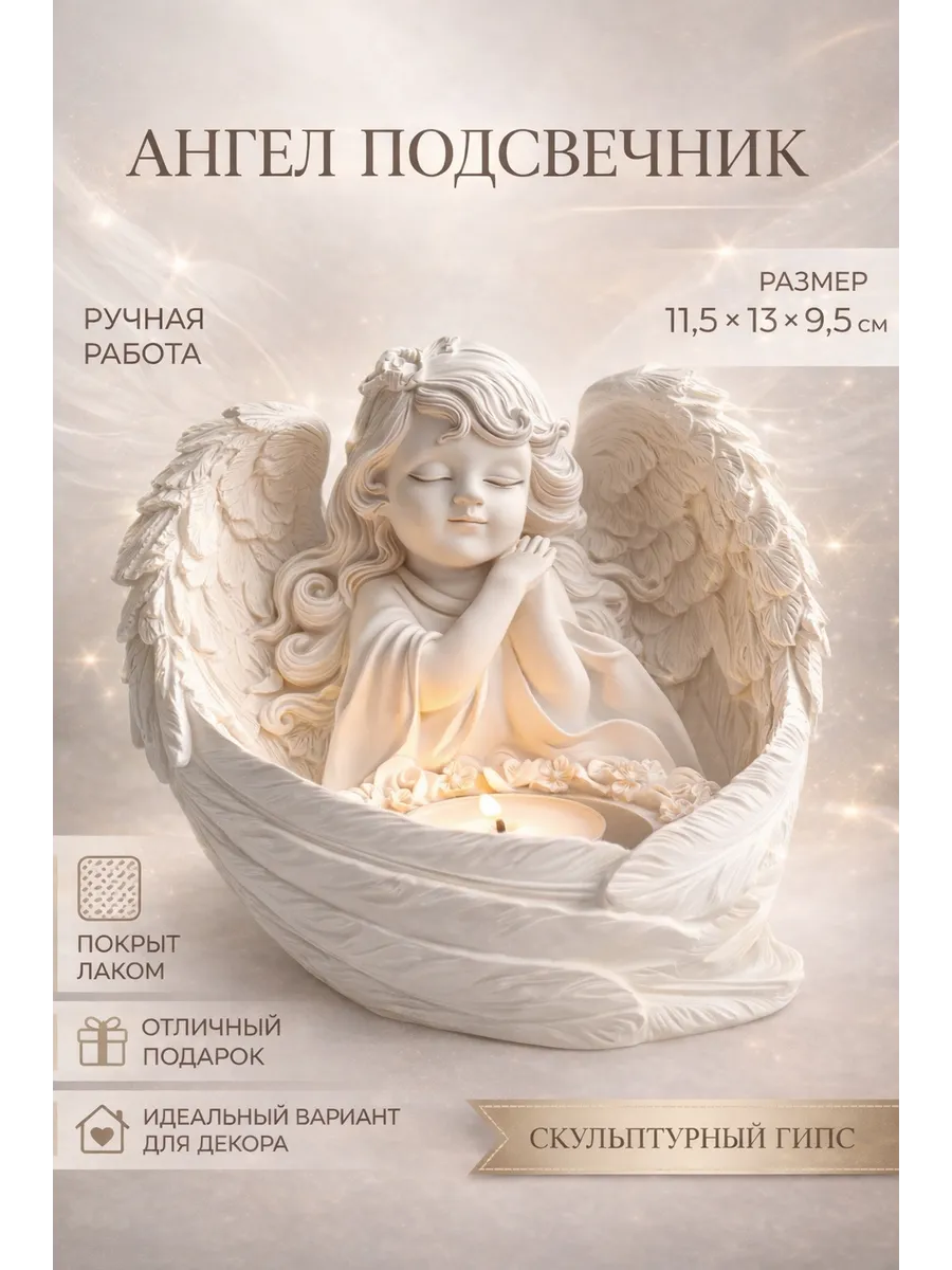 Подсвечник ангел декоративный, гипсовый, ручная работа