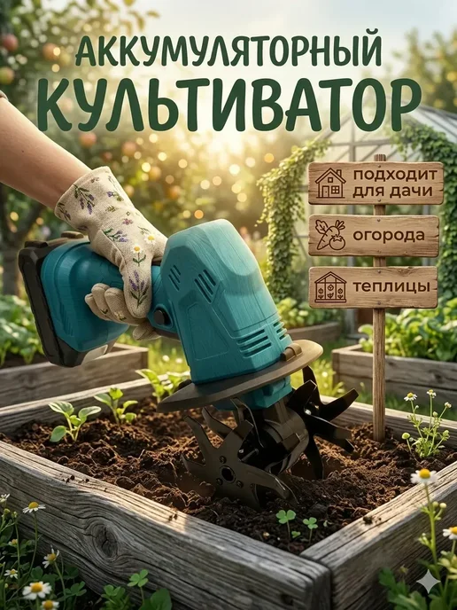 Культиватор аккумуляторный садовый электротяпка, зеленый