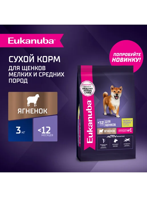 Сухой корм Eukanuba Малых для собак, средние, щенки, ягненок, 3 кг