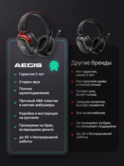 AEGIS Наушники игровые беспроводные с микрофоном, черный, фото 2