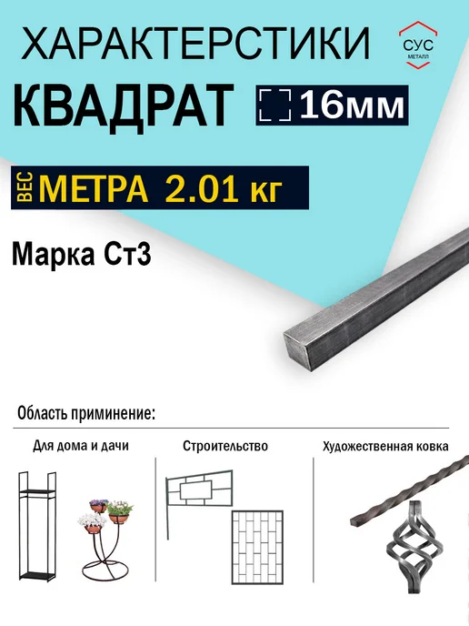 Пруток стальной квадрат 16х16мм, 1,0 метр, 1 м, фото 2