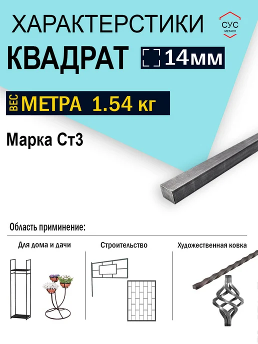 Пруток стальной квадрат 14х14мм, 1,0 метр, 1 м, фото 2