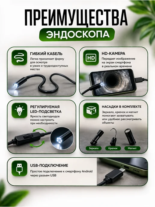 нисо333 Эндоскоп для смартфона камера гибкая с подсветкой бороскоп, вариант, фото 4
