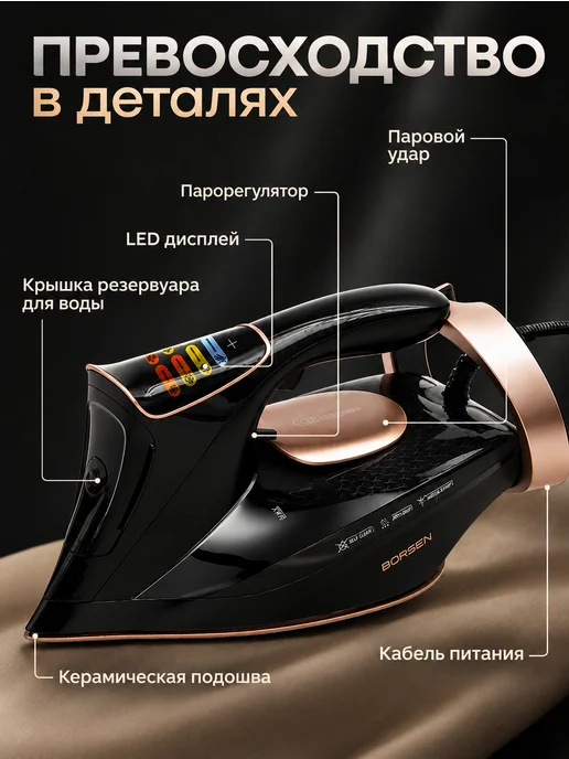 BORSEN Утюг паровой с антипригарным покрытием, желтый, фото 8