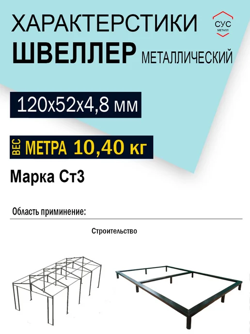 Швеллер стальной 12П 120х52х4,8 мм 1,0 метр, 120x52x4.8 мм, 1 м, фото 2