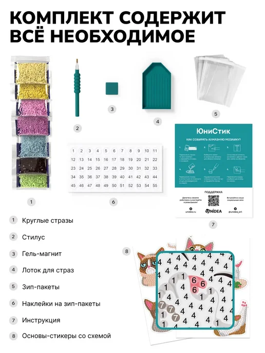 UNIDEA UniStick Pack Набор наклеек алмазной мозаики Мемные котики, белый, фото 3