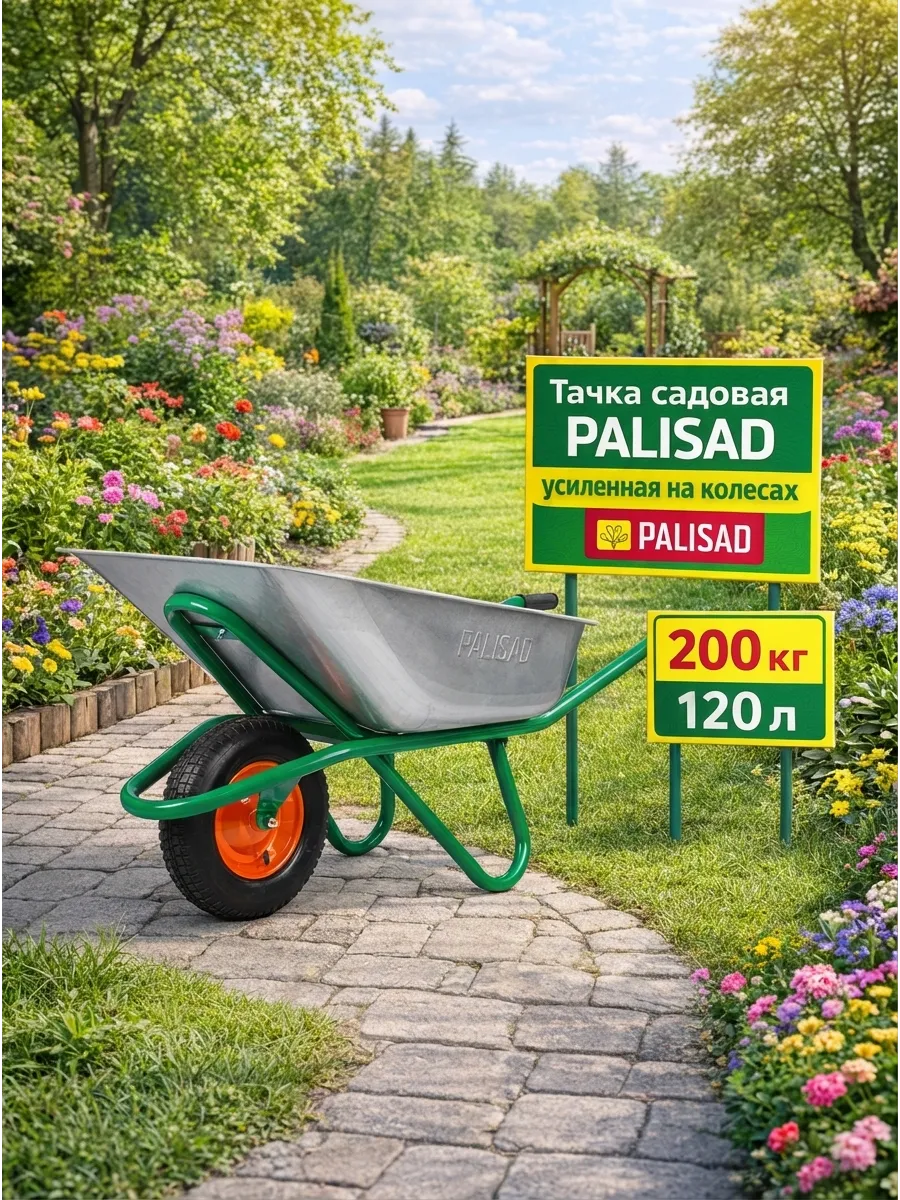 Тачка садовая усиленная на колесах, 200 кг, 120 л