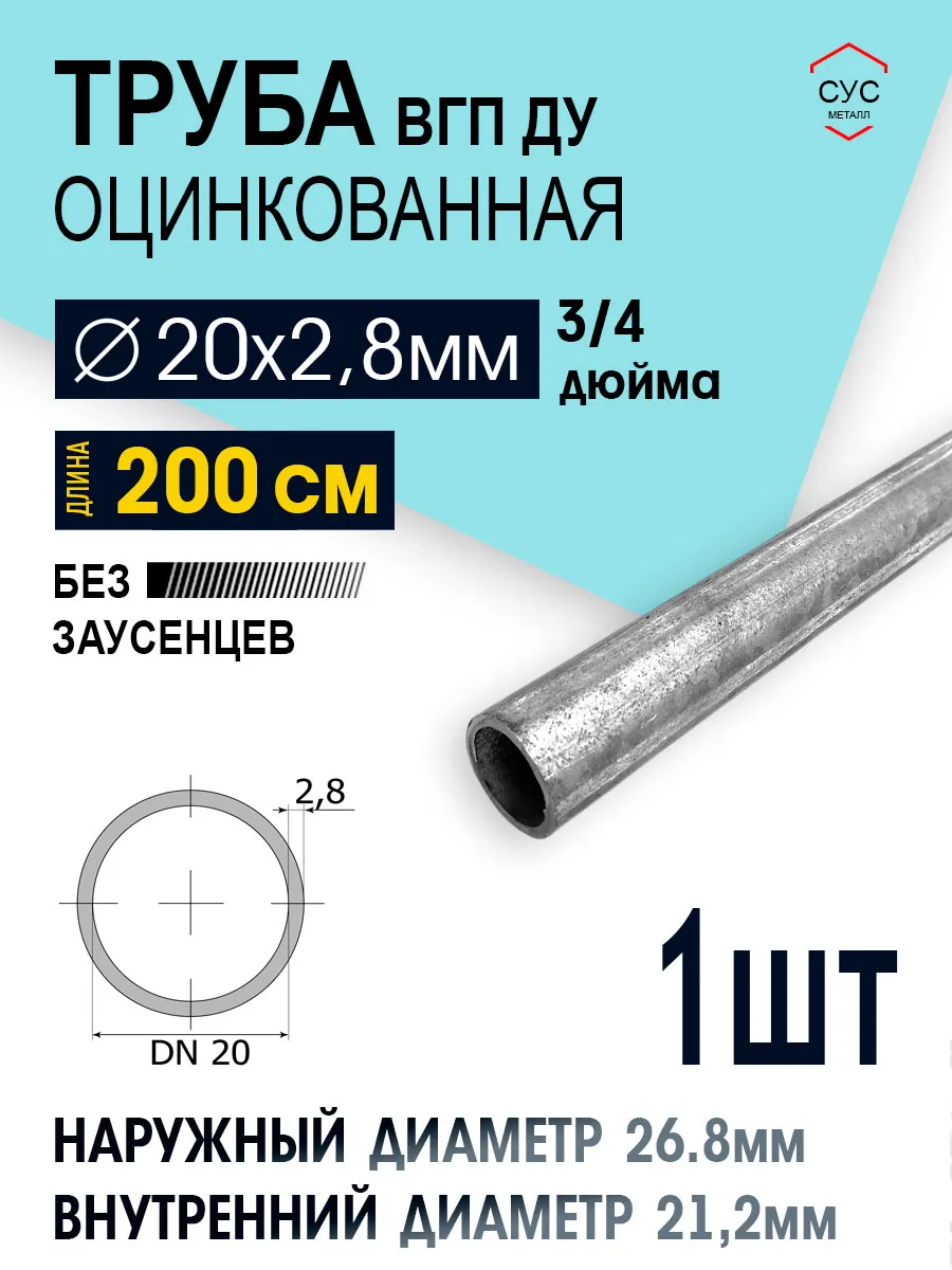Труба оцинкованная ВГП ДУ 20х2,8 3/4 дюйма 200 см