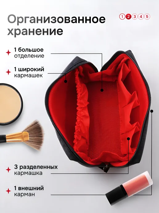 Anelim Маленькая косметичка с отделениями черная женская в сумку, черный, фото 3