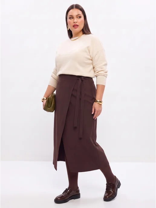 RADISH Юбка демисезонная миди на запах Plus Size А-силуэт, коричневый, фото 2