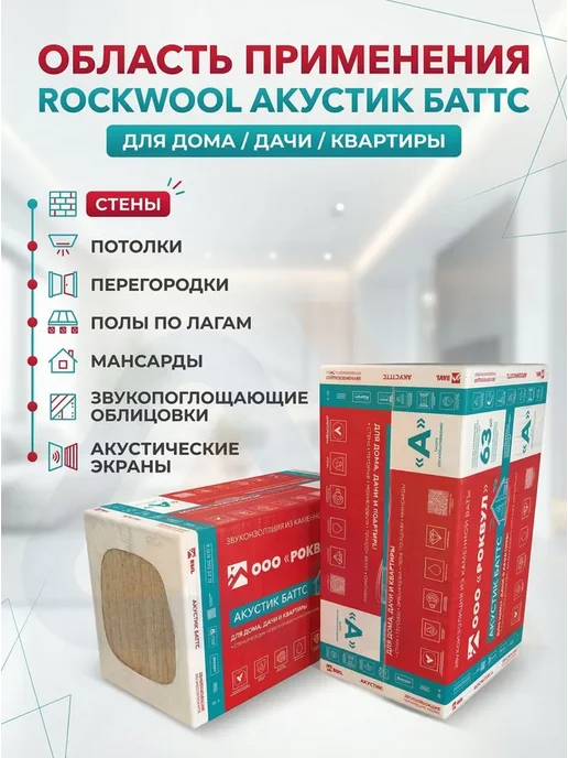 Rockwool Звукоизоляция для стен из каменной ваты 10 плит, вариант, фото 2