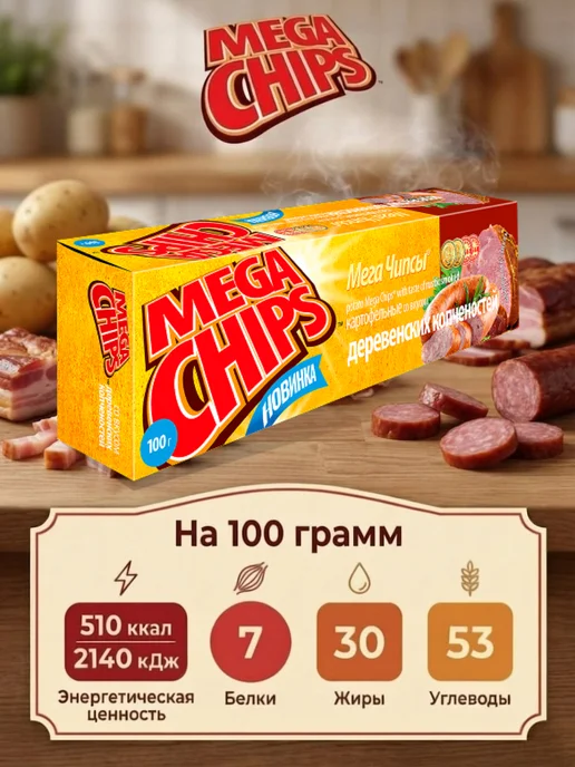 Mega Chips Мега Чипсы Деревенские копчености 4 шт по 100 грамм, 8 шт, 100 г, фото 2