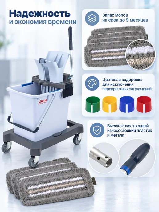 Vileda Professional Тележка уборочная для уборки, швабра и 3 мопа, ведро, отжим, голубой, фото 3