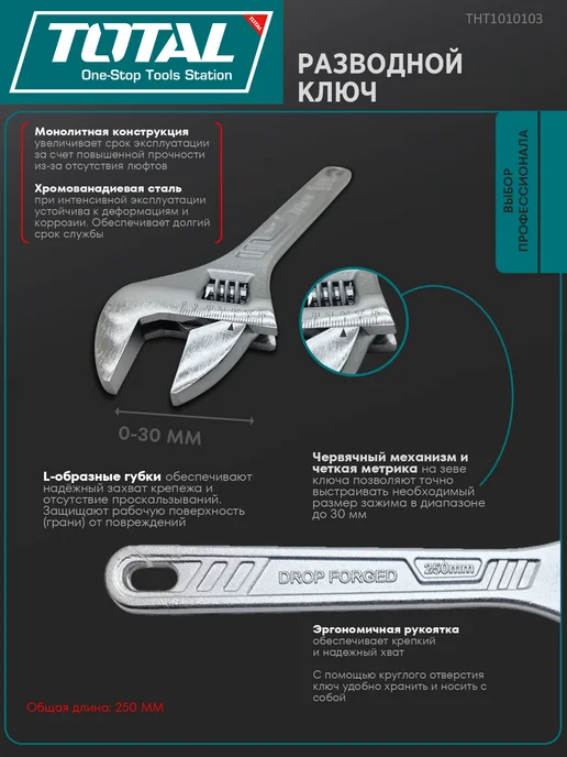 Ключ разводной 250 мм захват 0-30 мм, серый, фото 2