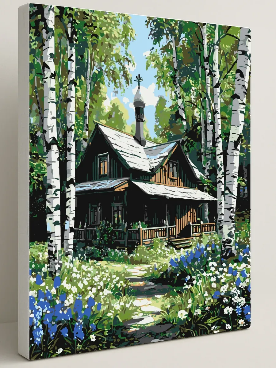 Картина по номерам - Старый домик берёзовая роща — 40×50 см