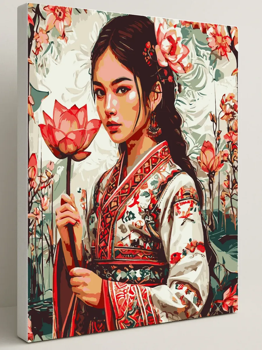 Картина по номерам - Девушка с амурским лотосом — 40×50 см