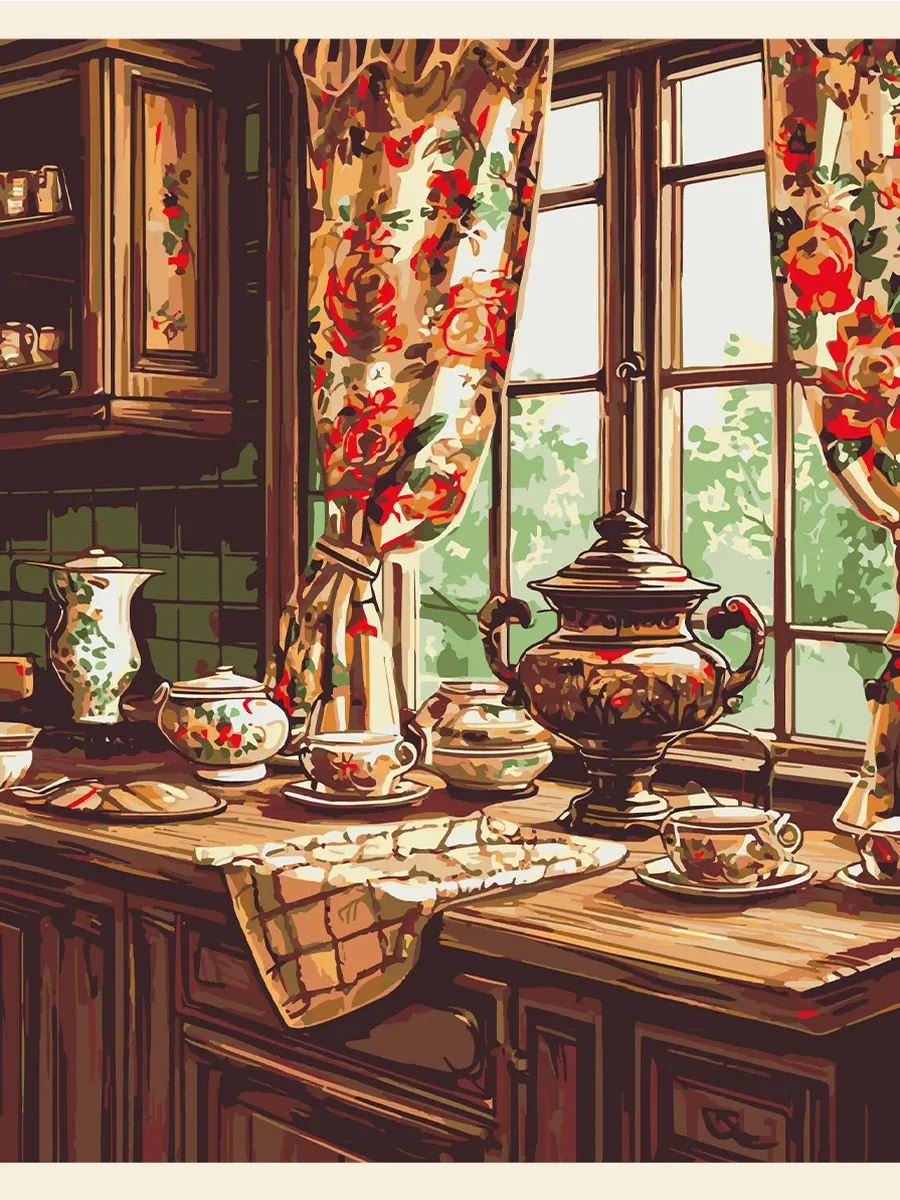 Картина по номерам - Винтажная кухня с самоваром — фотография 2