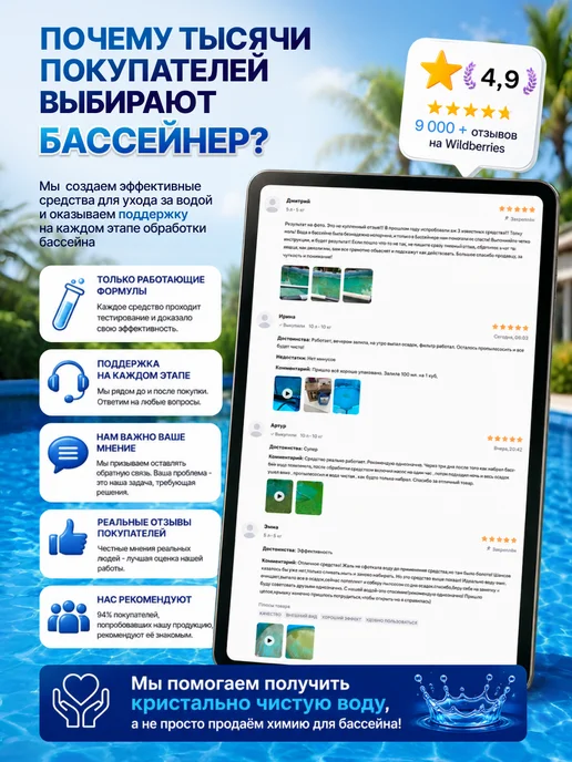 БАССЕЙНЕР Химия для бассейна в таблетках 5в1 с хлором, 1 кг, 5 л, фото 5