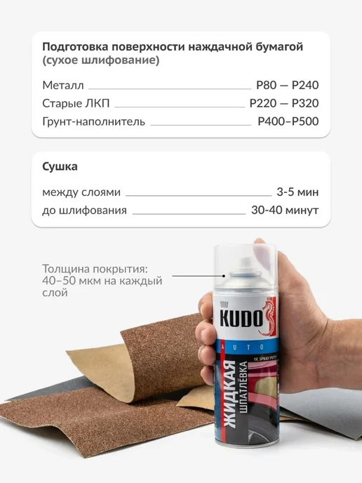 Жидкая шпатлёвка KUDO автомобильная толстослойная в баллончике, 520 мл, 520 мл, фото 4