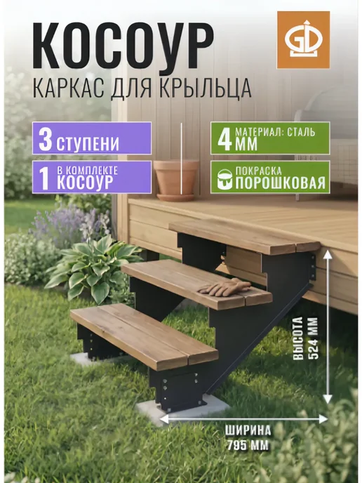 Бани Глушакова Косоур для лестницы на 3 ступени, графит модель 253, серый
