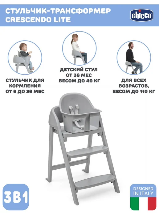 CHICCO Стульчик для кормления CRESCENDO LITE, MILAN MIST, серый, серый, фото 2