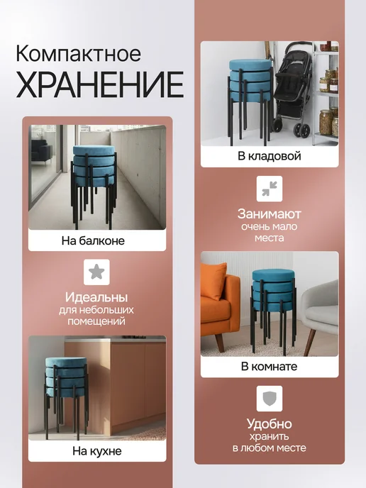 Комплект табуретов для кухни из 4 штук, голубой, фото 3