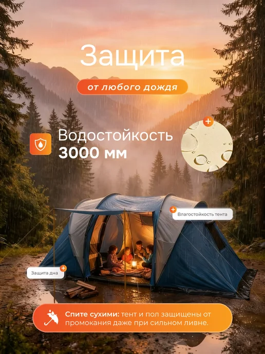 AuraBits Палатка туристическая 4 местная с тамбуром, синий, фото 3