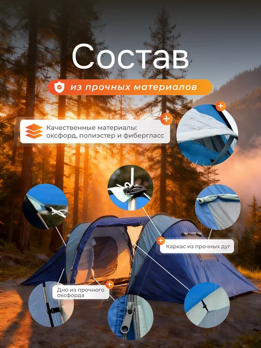 AuraBits Палатка туристическая 4 местная с тамбуром, синий, фото 7